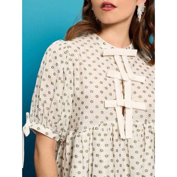 Women’s Sister Jane Ezra Polka Dot Bow Mini Floral Dress Size M - Picture 1 of 8